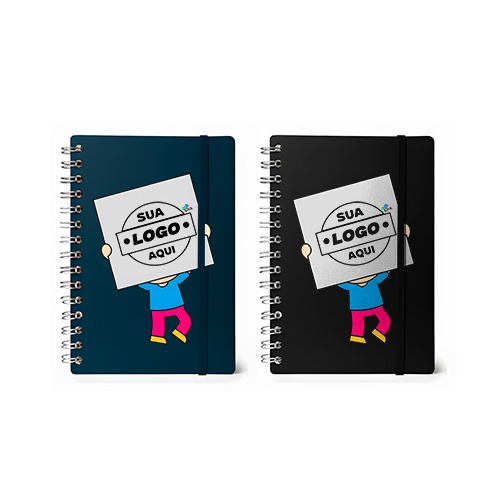 Agenda 2026 acartonada com elástico 
Cores fundo da capa: preto e azul escuro 
Capa dura em couchê, Wire o , formato 15x21